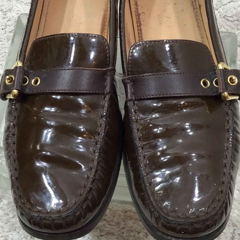 Louis Vuitton Dark Brown patent leather moccasin Loafers with Gold Buckles 37